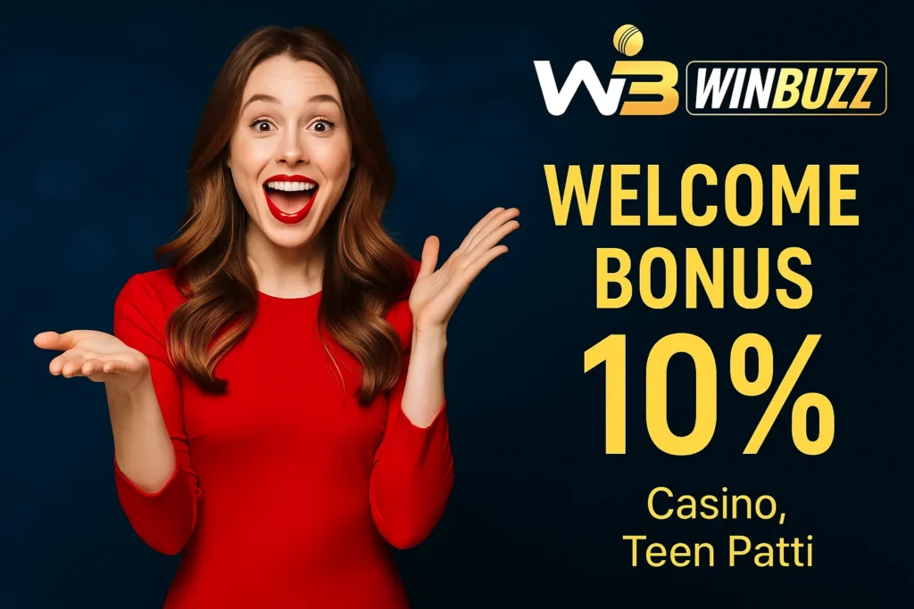 WinBuzz promo girl inviting players with 10% welcome bonus on Casino and Teen Patti.