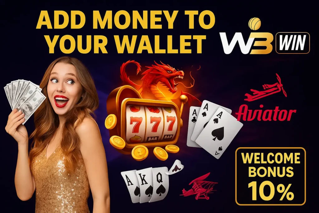 Promotional image showing a girl holding cash, WinBuzz logo, casino slot, dragon, Teen Patti cards, and Aviator theme with “Welcome Bonus 10%”.