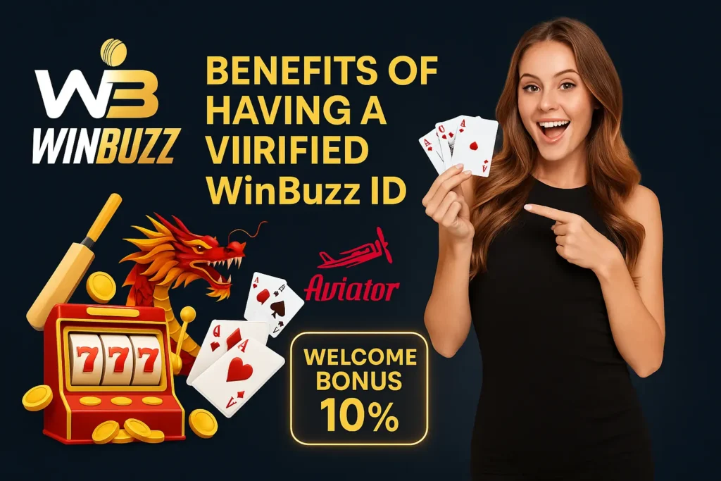 Promotional image showing benefits of having a verified WinBuzz ID with casino, cricket, Teen Patti, and Aviator visuals.