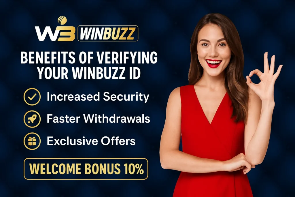 Smiling woman in red dress showing OK sign beside WinBuzz benefits text.