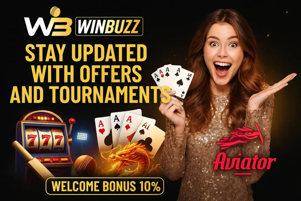 WinBuzz promotional image featuring a smiling woman, casino, cricket, Teen Patti, dragon, and Aviator visuals.