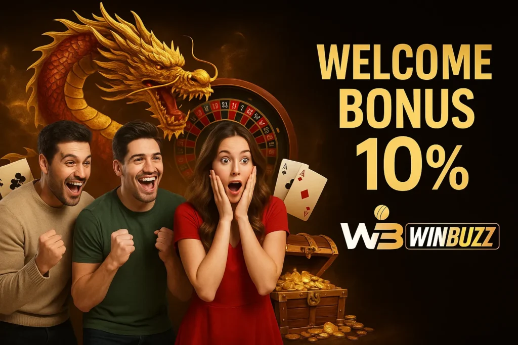 Excited casino players with a shocked woman beside dragon and treasure.