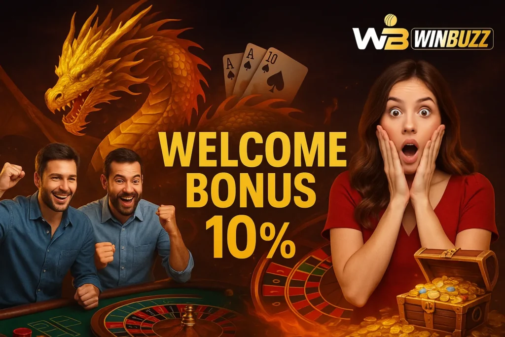 Excited casino players and shocked woman with dragon and treasure.