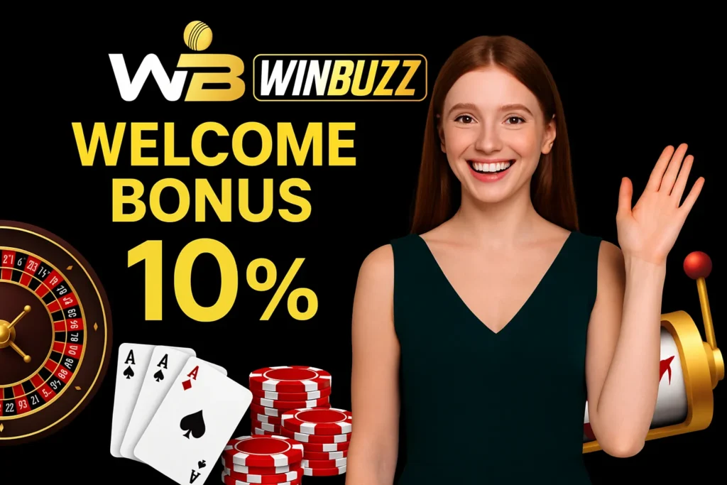 Smiling woman waving beside casino visuals promoting WinBuzz bonus.