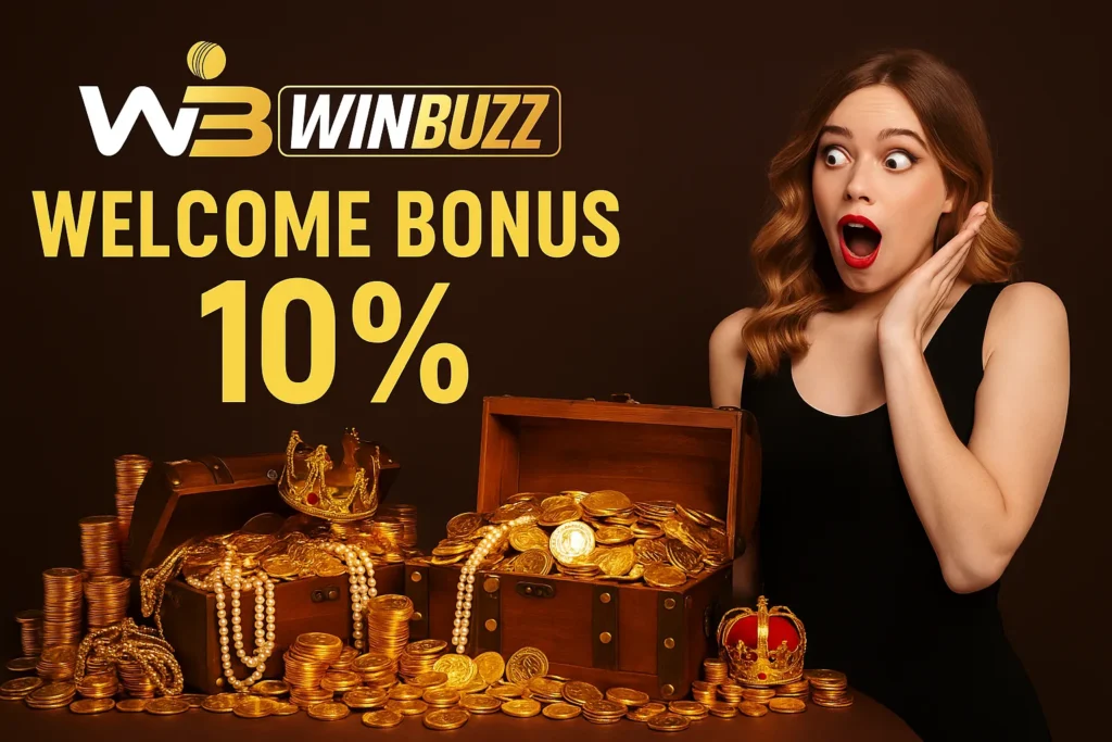 Surprised woman beside overflowing treasure chests with WinBuzz Welcome Bonus 10%