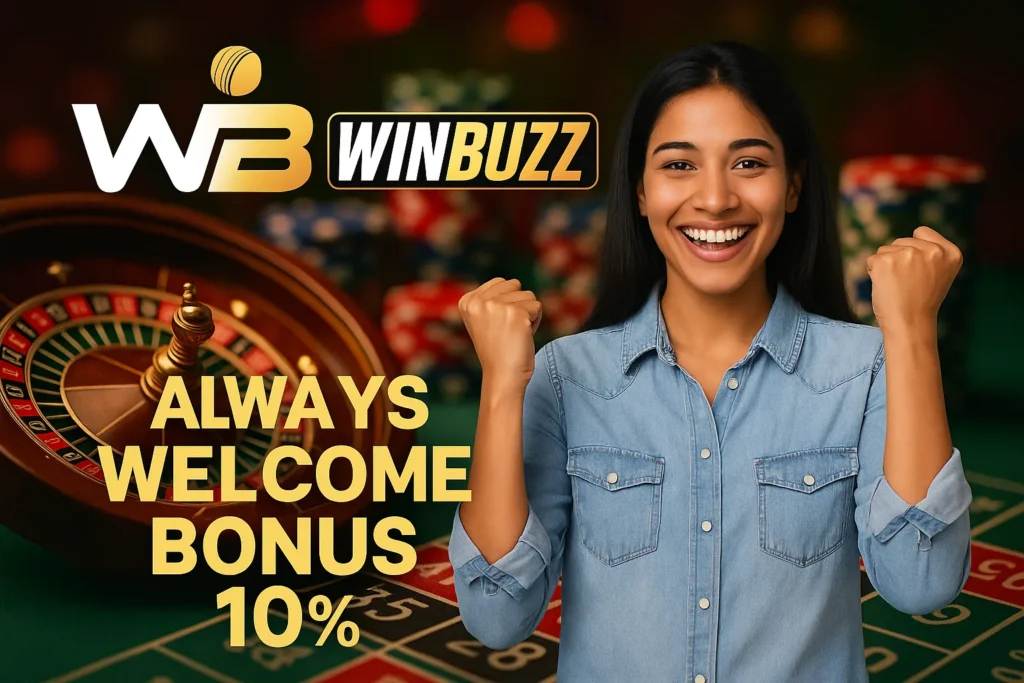 WinBuzz casino promotion with happy woman and 10% bonus offer.