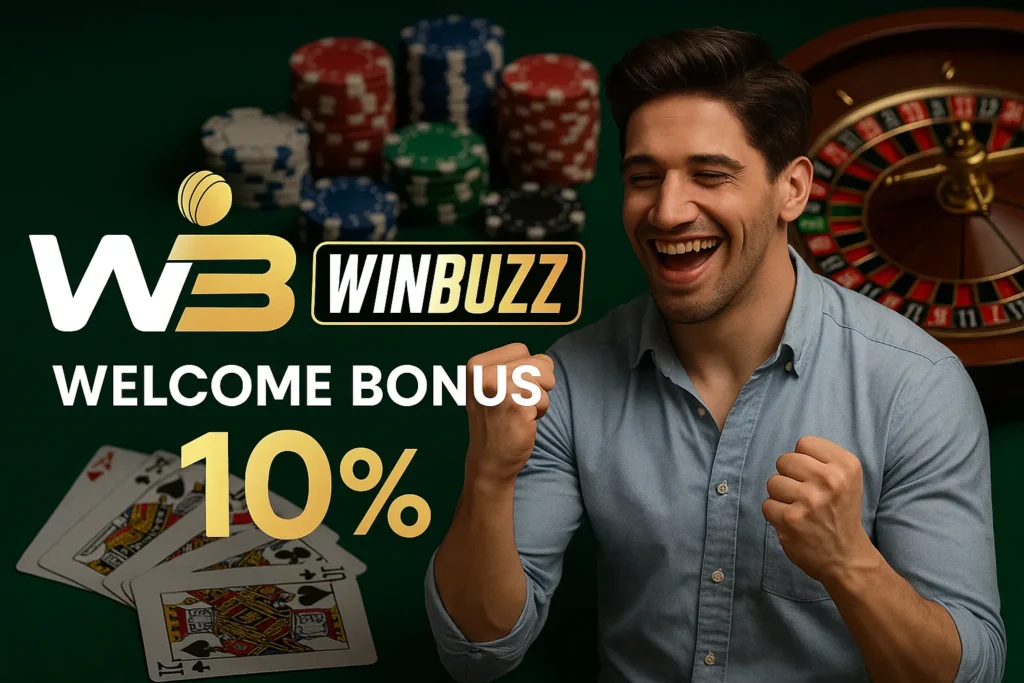 WinBuzz casino promo with smiling player and 10% bonus.