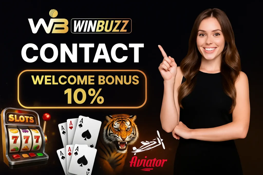WinBuzz contact and conclusion promotional image featuring a woman, casino elements, tiger, Teen Patti cards, and Aviator game visuals.