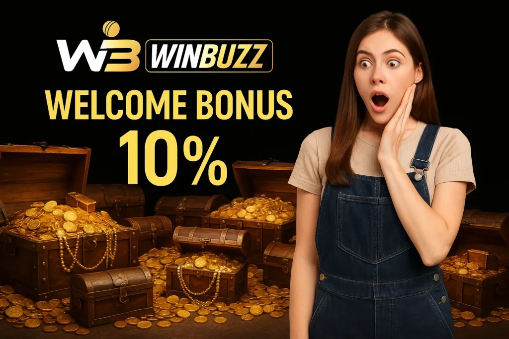 Surprised woman in dangri dress beside treasure chests for WinBuzz 10% bonus.