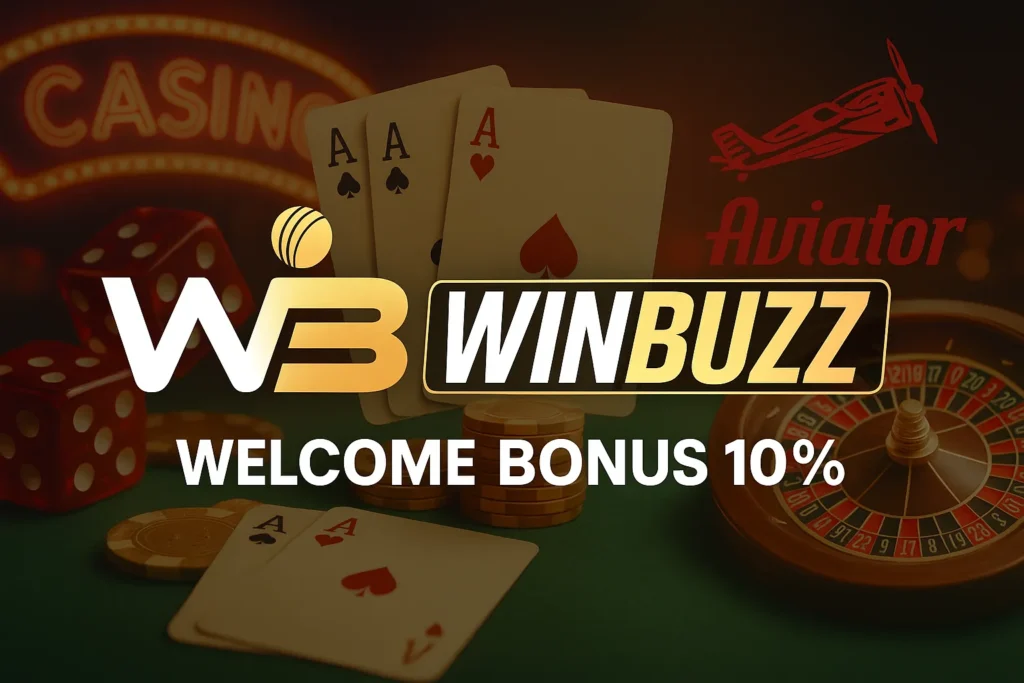 WinBuzz logo with casino, Teen Patti, Aviator, and roulette theme and welcome bonus 10%.