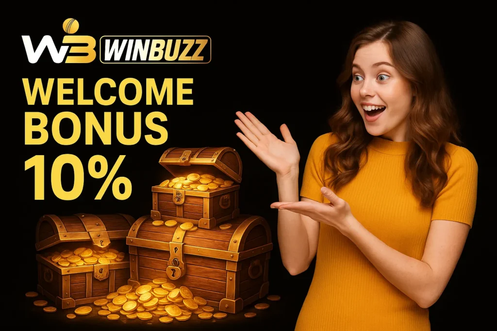 Excited woman in yellow dress pointing at treasure chests for WinBuzz offer.