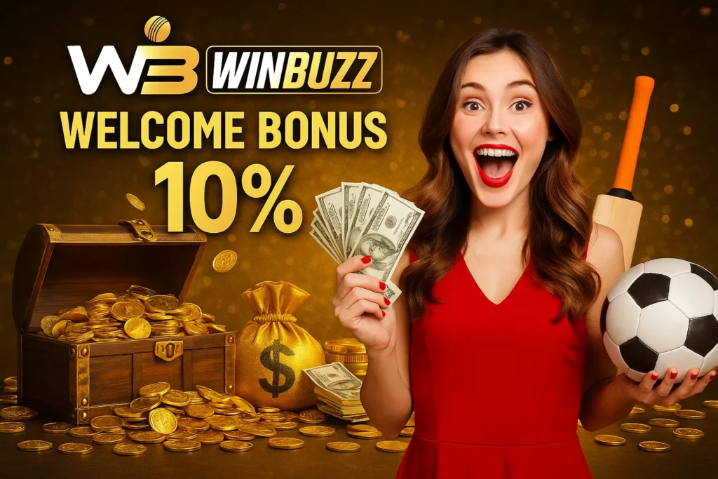 WinBuzz promo with woman holding cash, football, and treasure background.