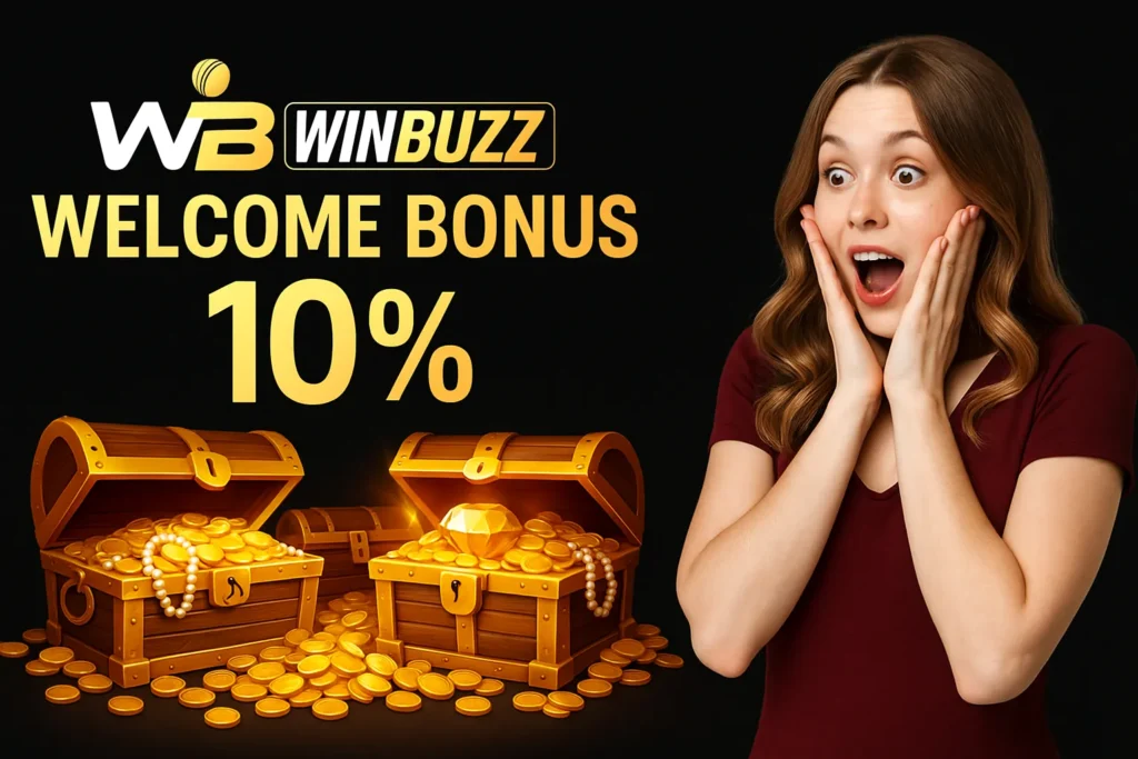 Excited woman beside gold-filled treasure chests promoting WinBuzz.