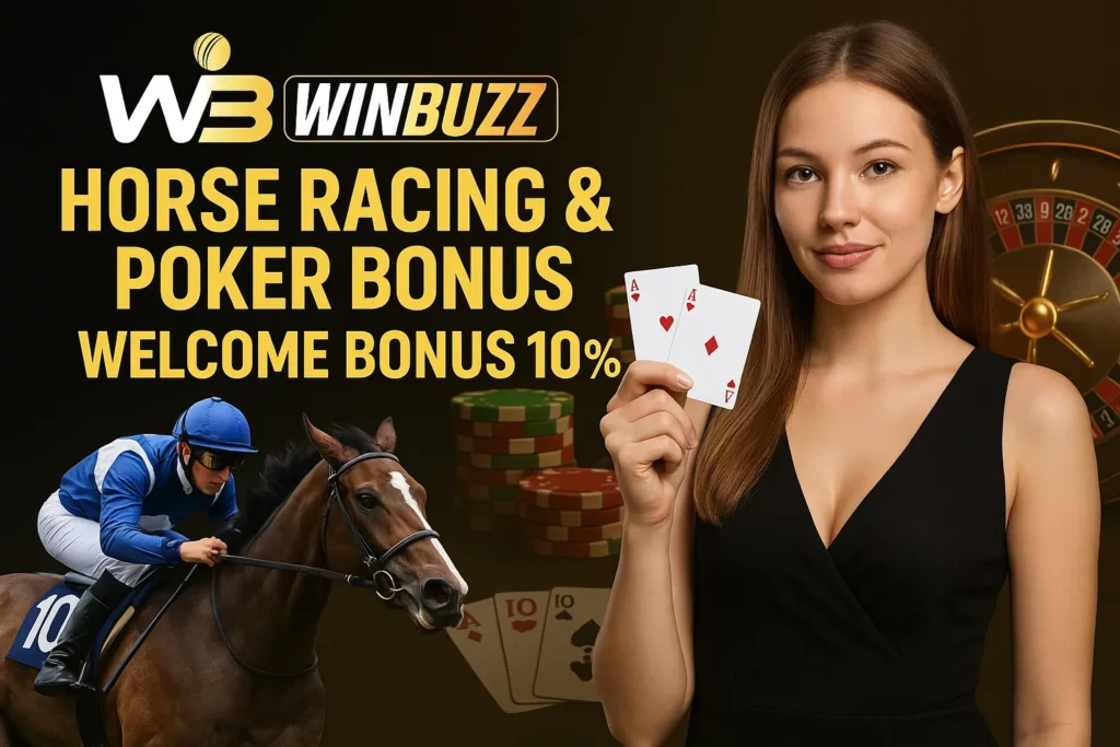 WinBuzz promo featuring woman player with horse racing and poker theme.