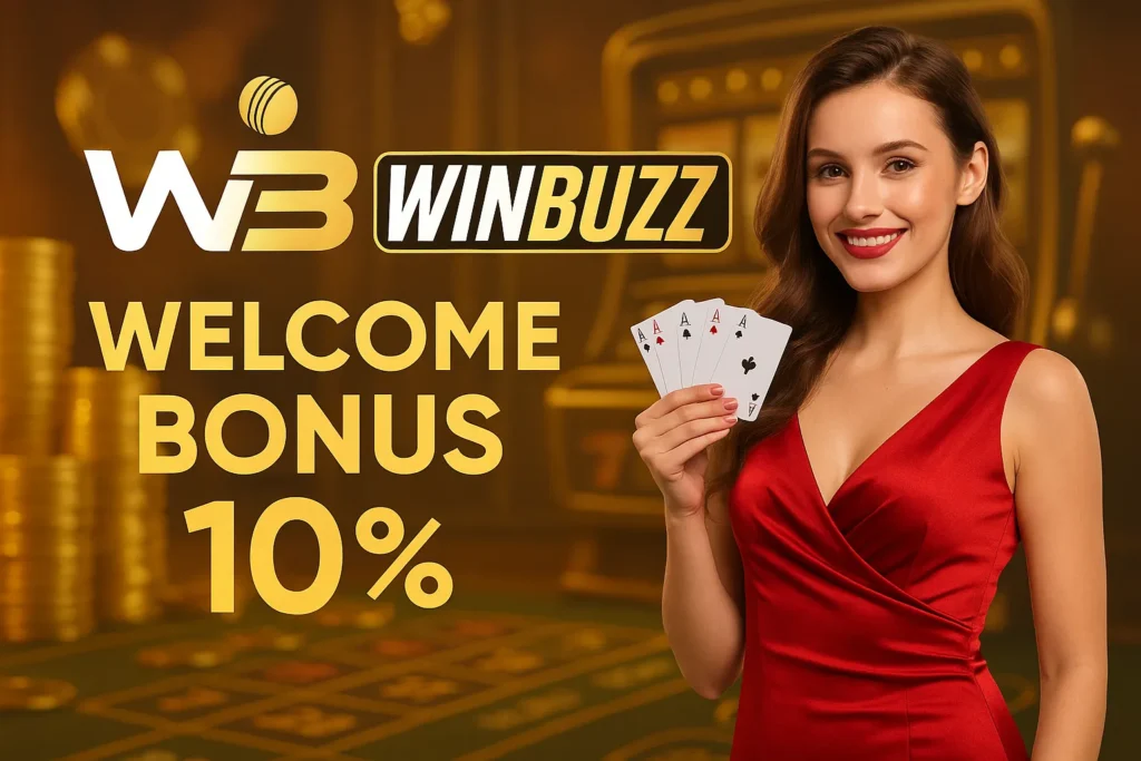 WinBuzz casino promo with woman holding aces in red dress.