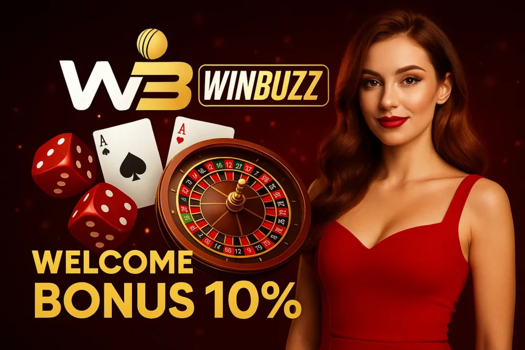 WinBuzz casino offer with elegant woman and 10% welcome bonus.