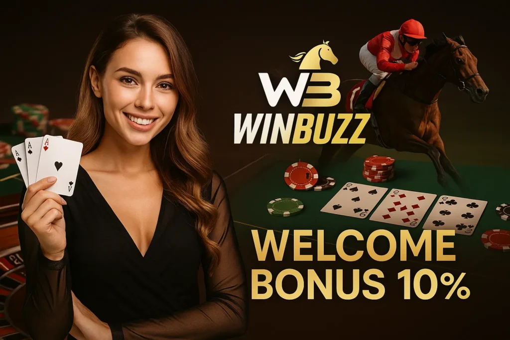 WinBuzz promotion featuring woman poker player and horse racing theme.
