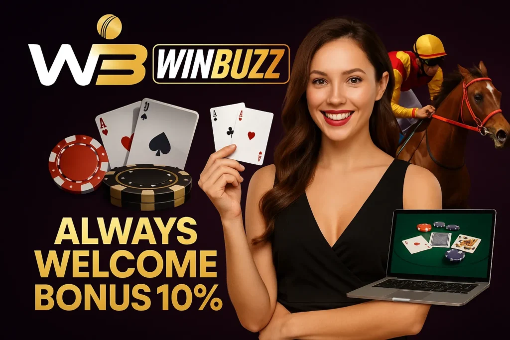 WinBuzz promo featuring female poker player and horse racing scene.
