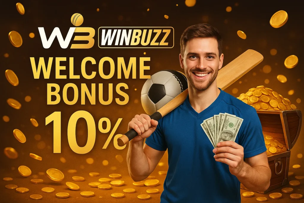 WinBuzz promo with male player holding bat, money, and football.