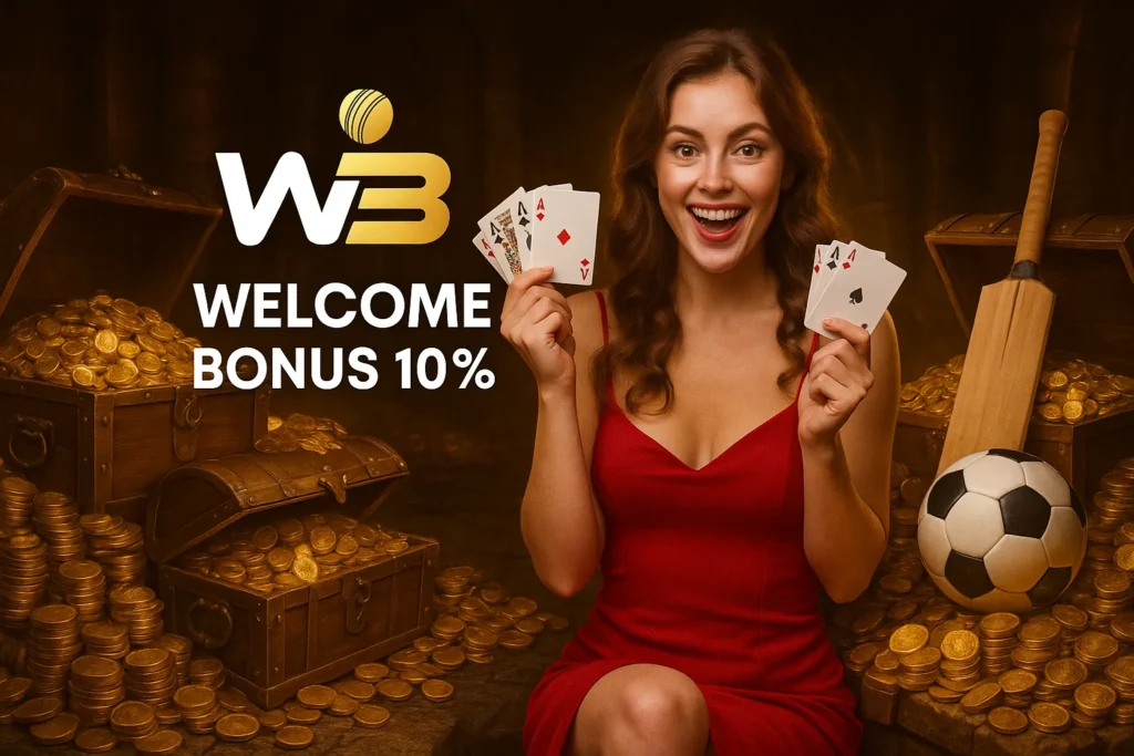 WinBuzz promo with girl holding cards, treasure, cricket bat, and football.