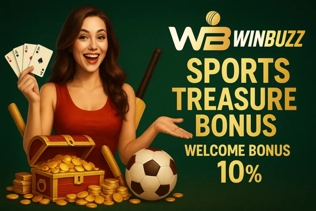 WinBuzz promo image with woman, treasure chest, cricket bat, and football.