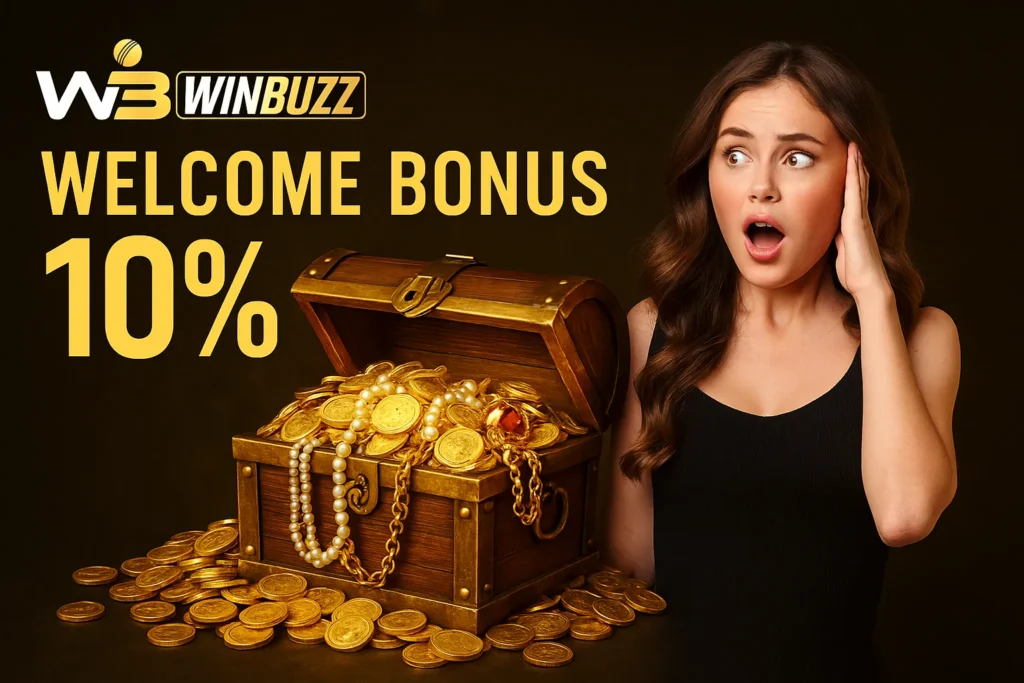 Surprised woman beside overflowing treasure chest promoting WinBuzz 10% bonus.