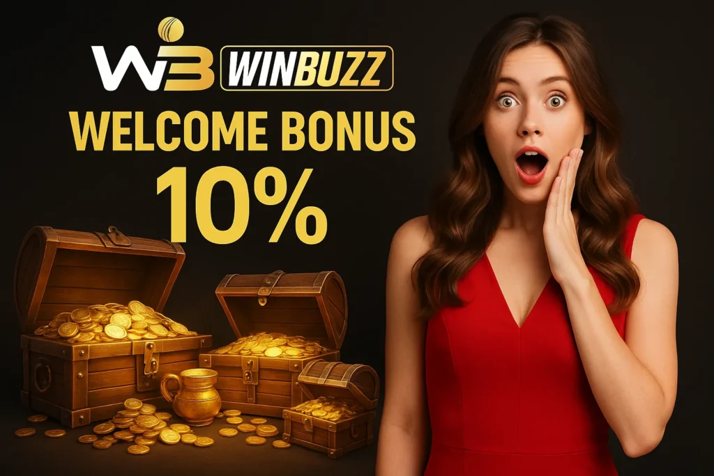 Woman in elegant dress with treasure chests promoting WinBuzz 10% bonus.