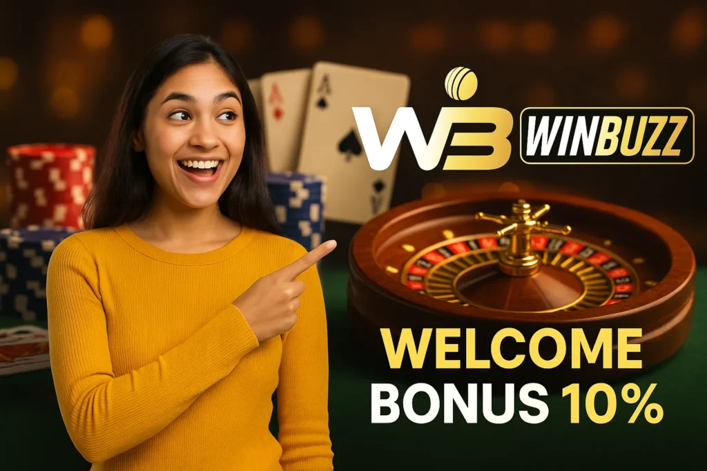 WinBuzz casino bonus promo with excited female player.