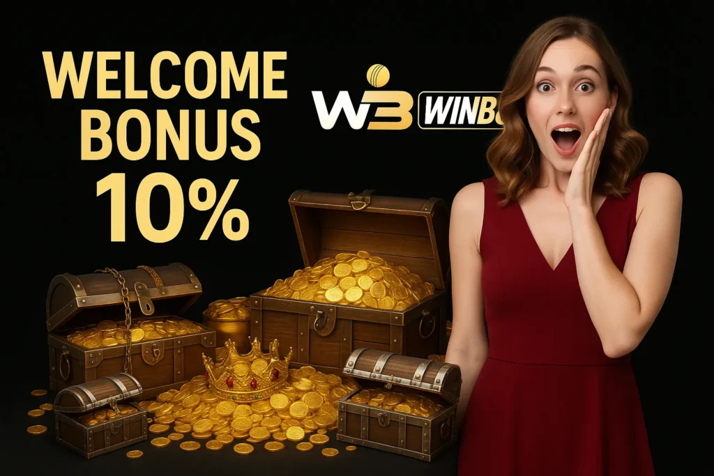 Excited woman with treasure chests promoting WinBuzz 10% bonus.