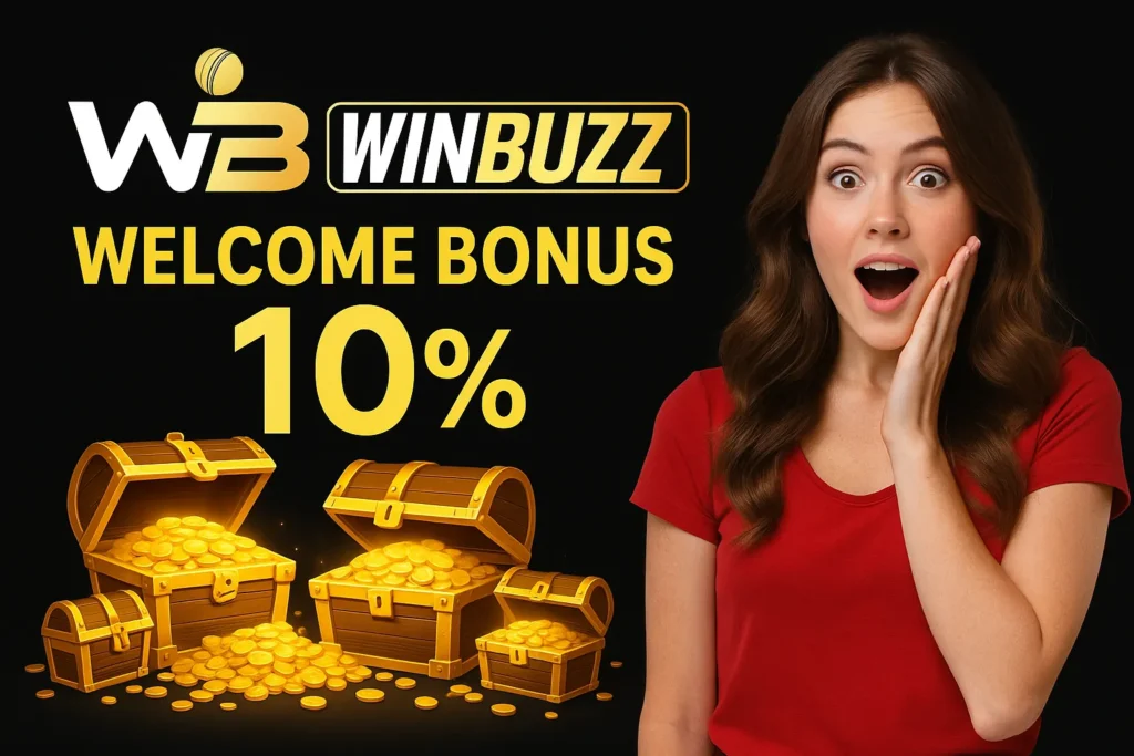 Shocked woman beside treasure chests promoting WinBuzz 10% offer.