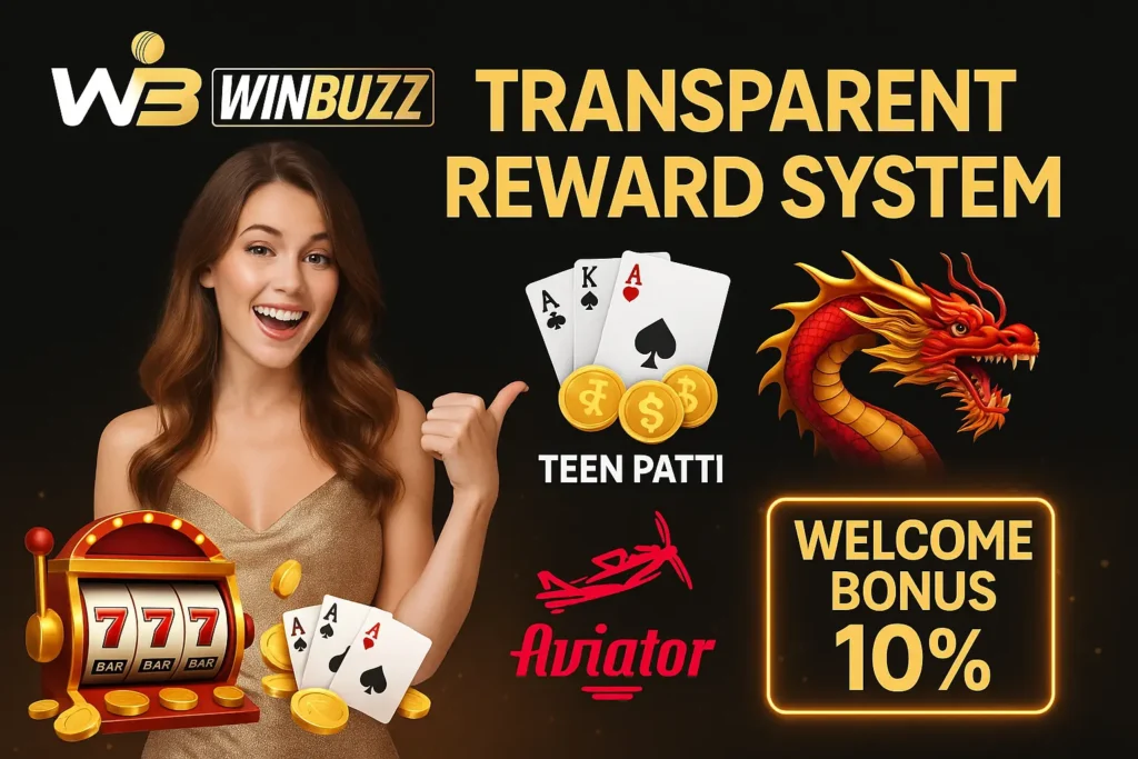 WinBuzz Transparent Reward System promotional image featuring casino, Teen Patti, Aviator, and dragon elements with a woman promoter.