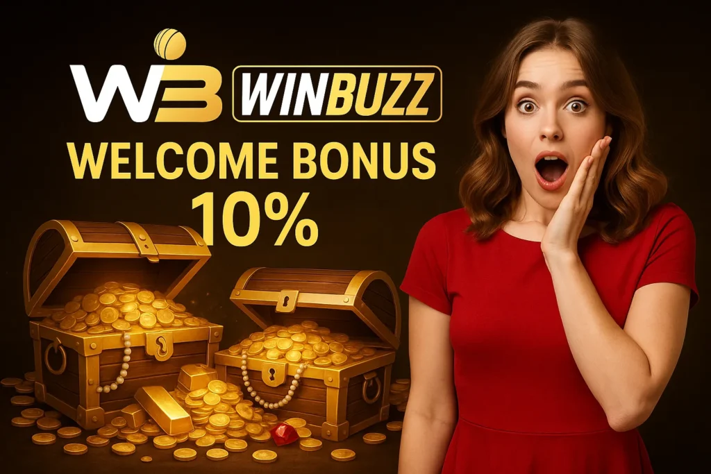 Surprised woman with treasure chests promoting WinBuzz 10% bonus.
