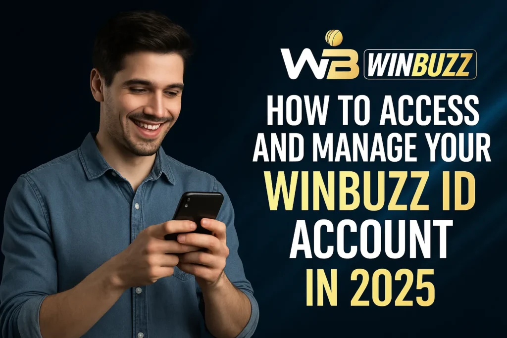 Man using phone with WinBuzz ID account guide banner.