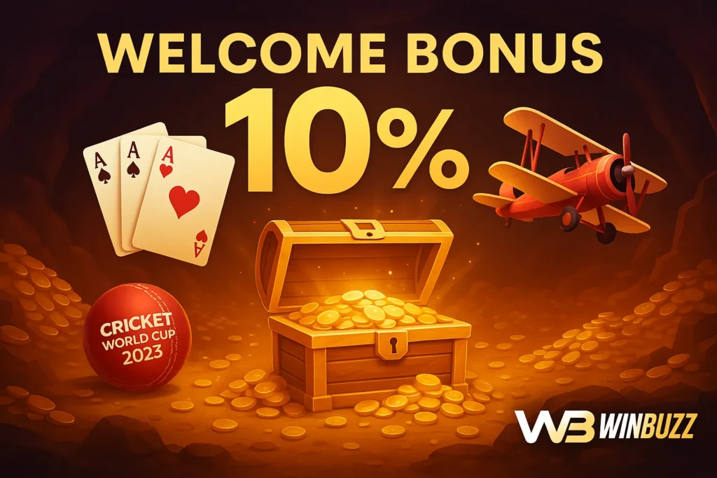 WinBuzz 10% Welcome Bonus promo featuring casino, aviator, teen patti, and treasure theme.