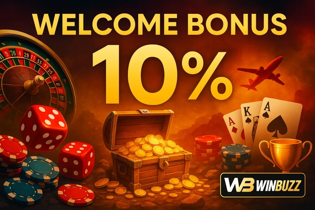 WinBuzz 10% welcome bonus promo with casino, aviator, and teen patti theme.