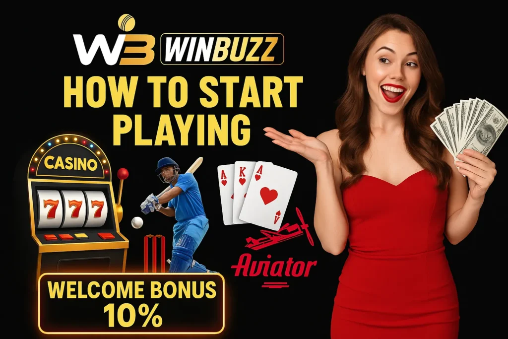 Promotional image featuring WinBuzz logo, woman holding money, and casino, cricket, Teen Patti, and Aviator game visuals.