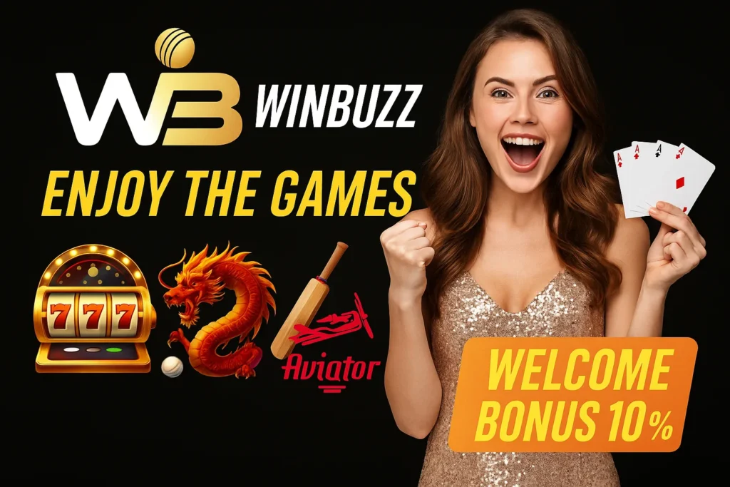 Promotional image for WinBuzz featuring casino, cricket, Teen Patti, and Aviator games with a woman celebrating.