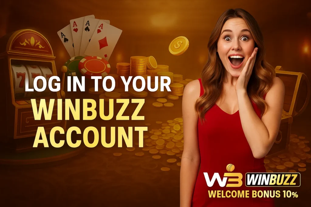 A woman in a red dress smiling excitedly beside casino elements like slot machine, cards, chips, and gold coins.