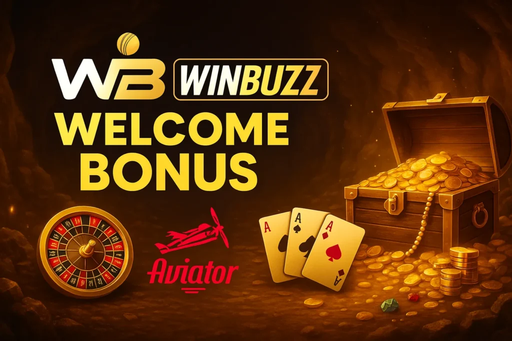 WinBuzz welcome bonus promo featuring casino, aviator, and teen patti treasure theme.