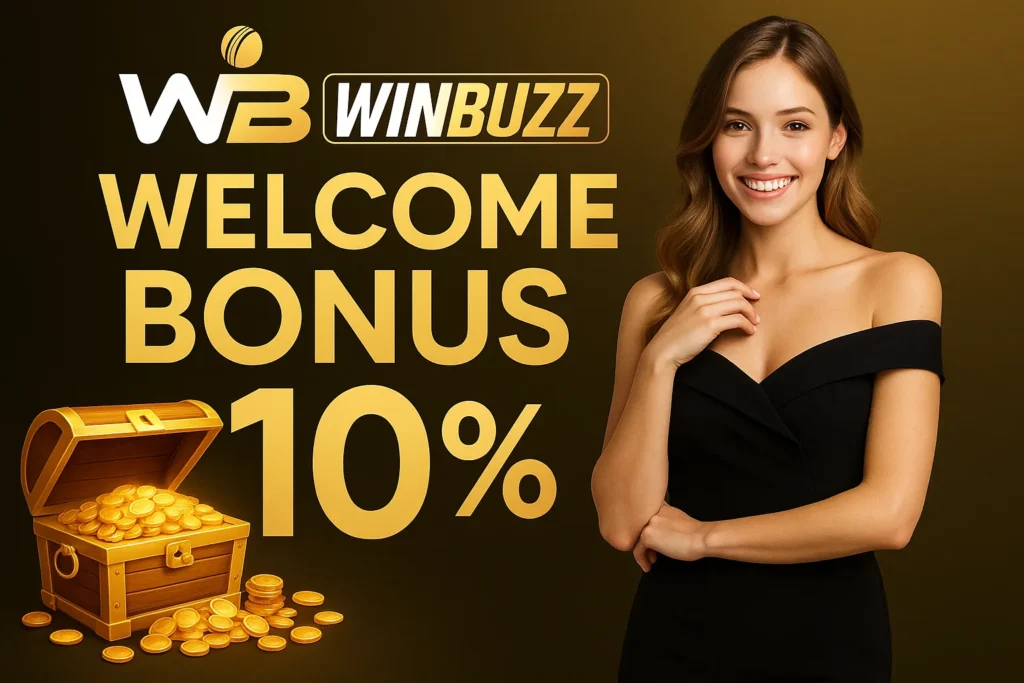 Smiling woman beside treasure chest promoting WinBuzz 10% bonus.