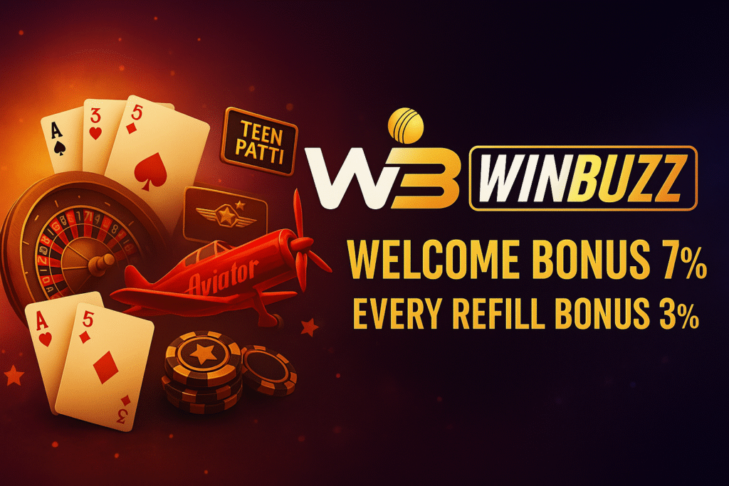 WinBuzz promo banner with Aviator plane, Teen Patti/roulette and cards, showing 7% welcome bonus and 3% refill bonus.