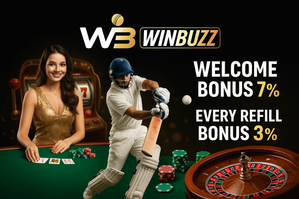 WinBuzz casino + cricket betting promo with dealer, cricket player, roulette and bonus offers on dark gaming background.