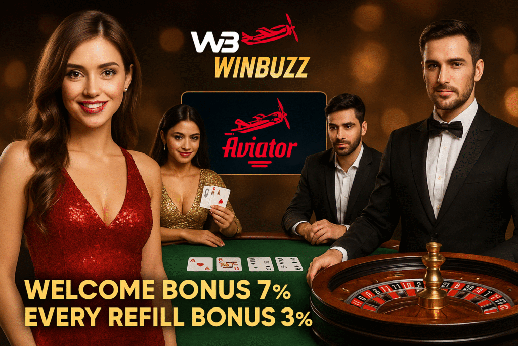 WinBuzz casino promo banner with Teen Patti, Aviator, Roulette theme and bonus offers.
