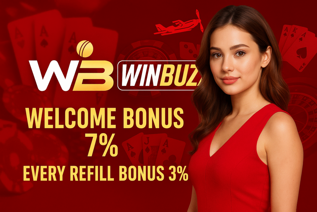 Red WinBuzz promo banner with a woman in a red dress, Aviator plane icon, and bonus text for 7% welcome and 3% refill.