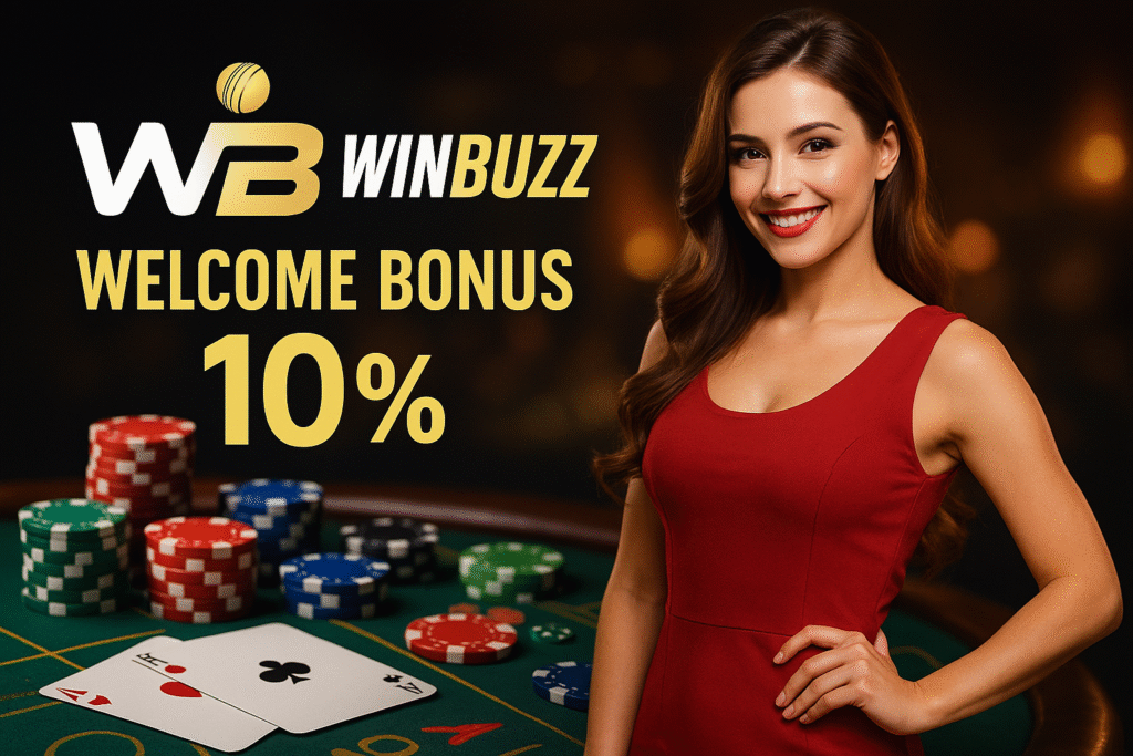 WinBuzz casino banner with girl, cards, and chips