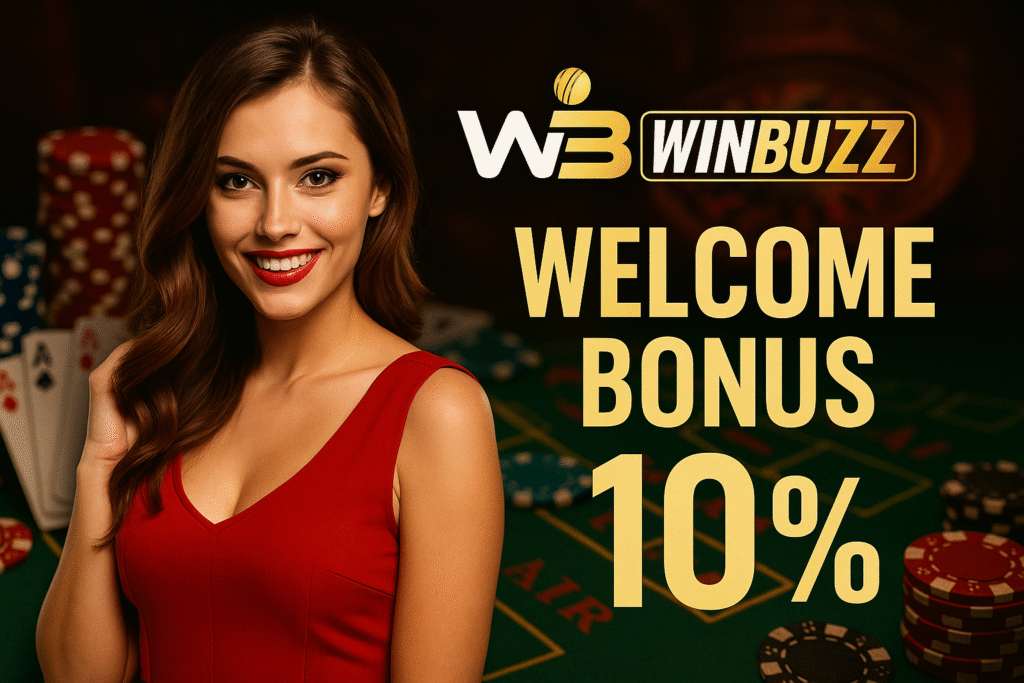 WinBuzz casino promotion with a smiling girl in a red dress
