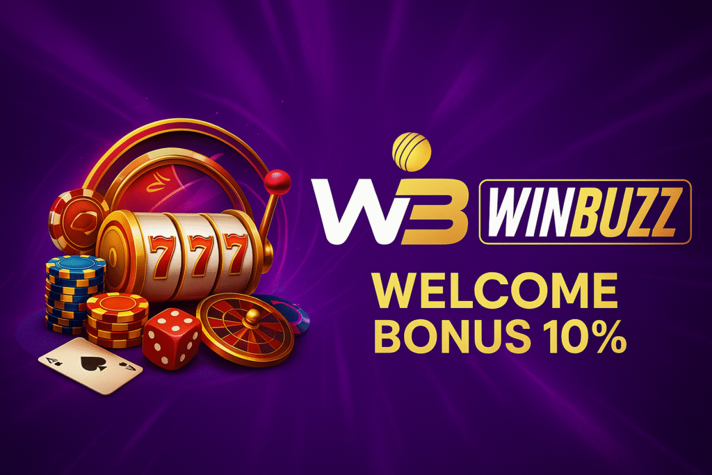 WinBuzz gaming banner with slot machine and casino icons