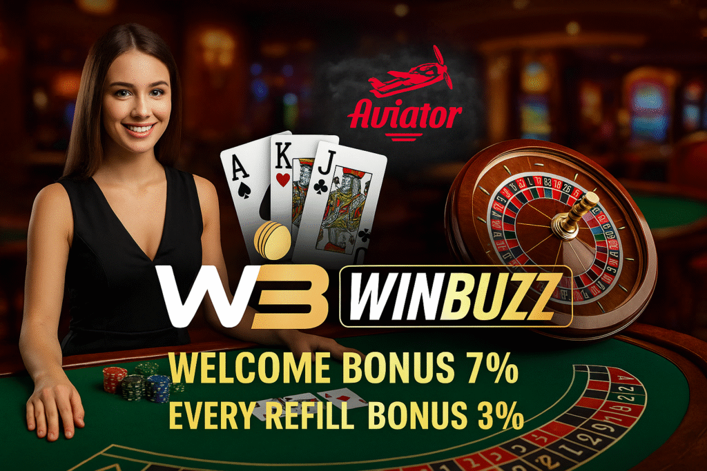 Promo banner showing a smiling girl at a casino table with cards, roulette wheel, Aviator logo, and WinBuzz branding.