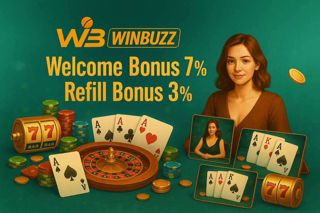 WinBuzz green-themed casino promo with a woman on right, roulette, cards, chips, slots, and gold bonus text.