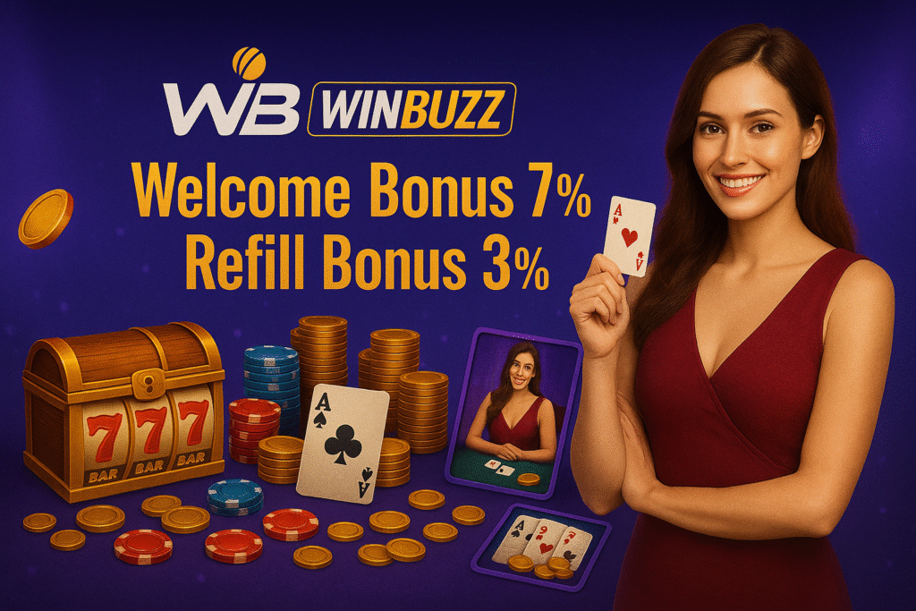 WinBuzz purple bonus promo with a smiling woman holding a card, slot chest, coins, chips, and text for 7% welcome and 3% refill bonus.
